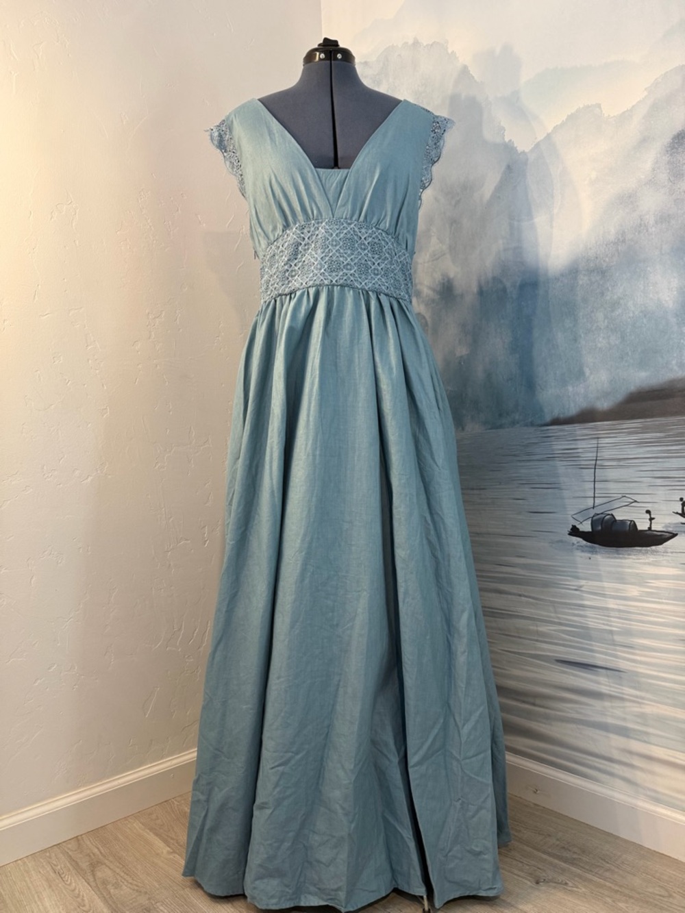 Elegant Light Blue Maxi Dress with Lace Waist #161